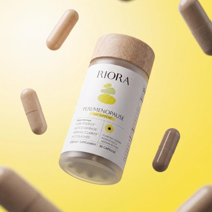 A bottle of Riora Perimenopause Support dietary supplement floating diagonally against a bright yellow gradient background, surrounded by floating capsules.