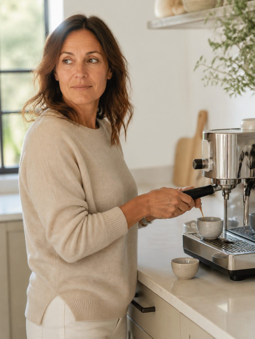 Woman making espresso in her kitchen