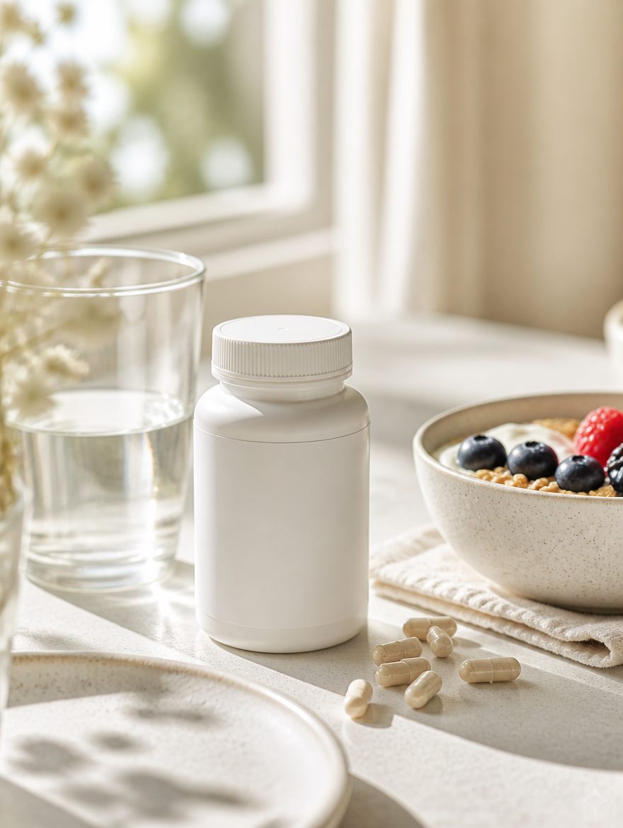 Supplement bottle beside a breakfast bowl