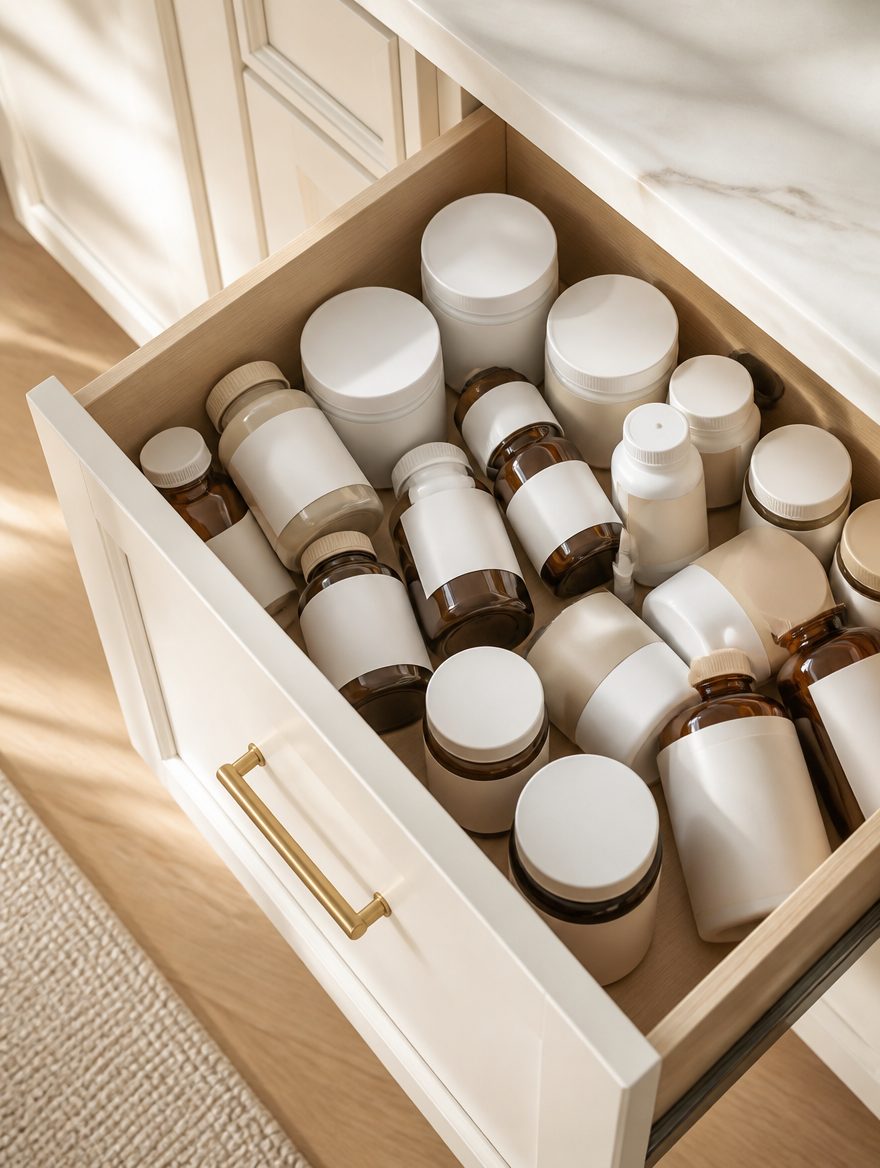 Drawer full of assorted single-purpose supplement bottles