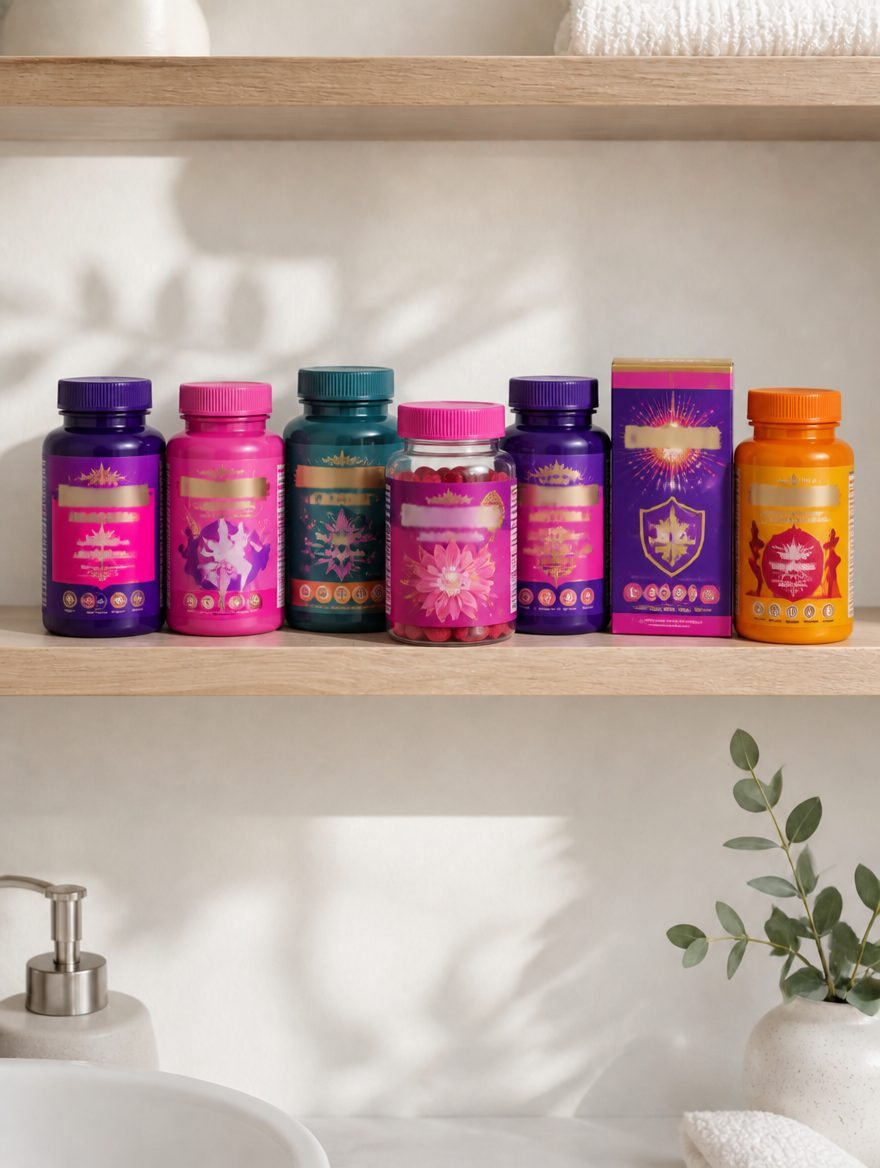 Shelf of colorful trendy-branded menopause supplements