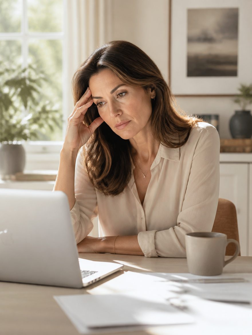 Woman looking overwhelmed at her laptop